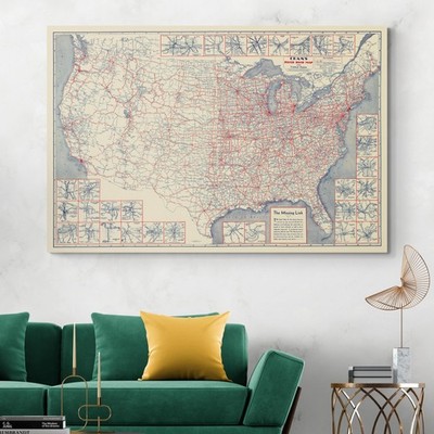 1930 Road Map of United States   Major Highways, Routes, Cities & Networks