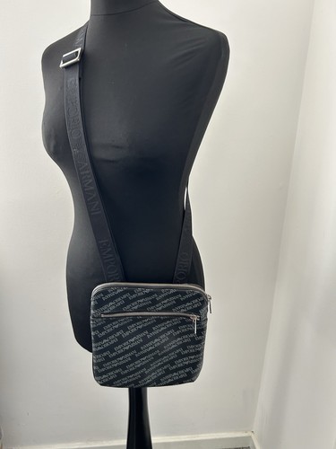 EMPORIO ARMANI All Over Logo Messenger Bag Black Crossbody YLO7E Y4M185 RARE