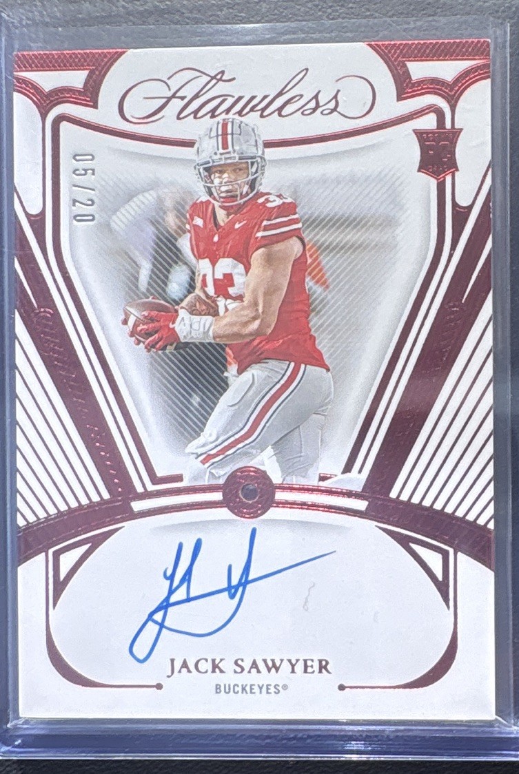 Jack Sawyer Panini National Treasures Collegiate Flawless Rookie Patch Autographs Vertical #JSR Ruby