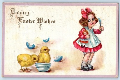 c1910's Easter Wishes Child Girl With Doll Chicks Hatched Egg Embossed Postcard