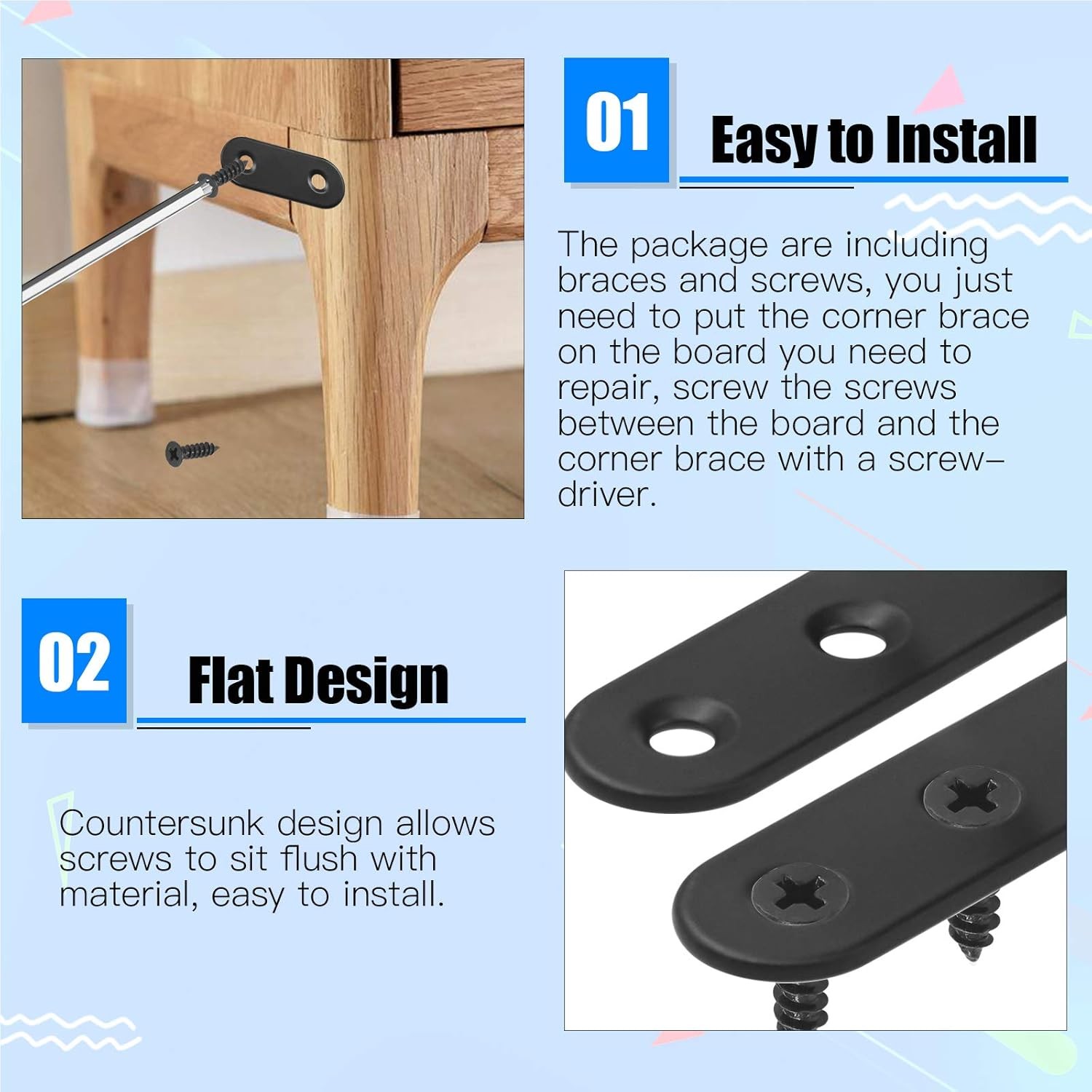 Glarks 134Pcs Black Corner Brace Set, 24Pcs L Shape Bracket and Flat 