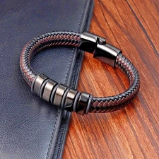 Men's Handmade Braided Leather Bracelet Stainless Steel Magnetic Claspe Gift