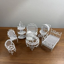 Vtg Dollhouse White Wire Wicker Furniture 8 Pieces