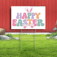 Happy Easter Bunny Indoor Outdoor Yard Sign with metal stakes