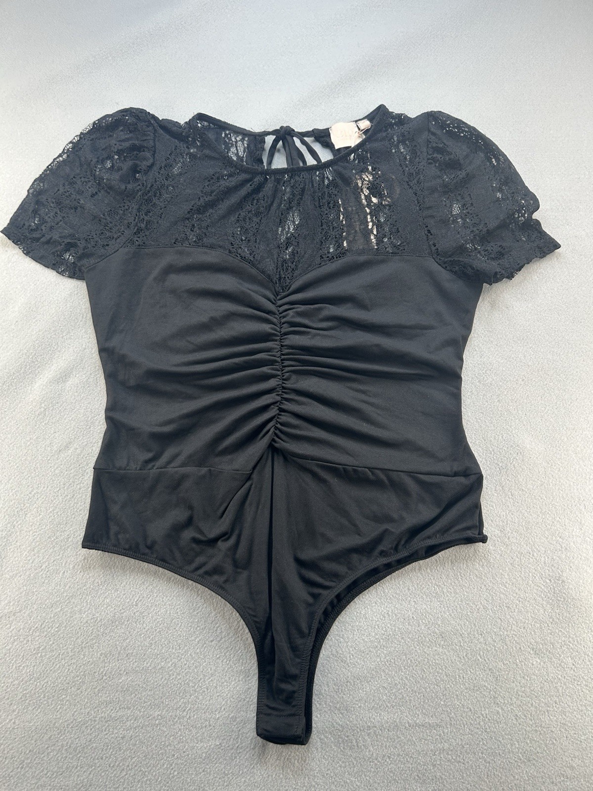 Good Luck Gem GLG Bodysuit Black XL Lace Ruched Short Sleeve NWT