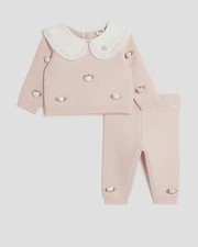 River Island Baby Girls Jumper Set Pink 3D Rose Bud 2 Piece Collared Buttoned
