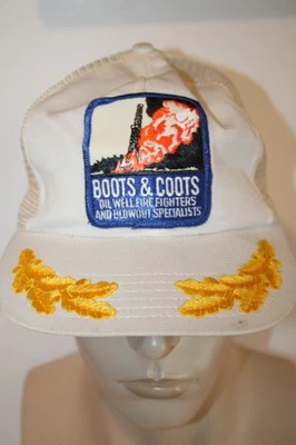 Vintage Boots & Coots Oil Well Firefighters Trucker Hat Snapback White Mesh USA - Image 1 of 4