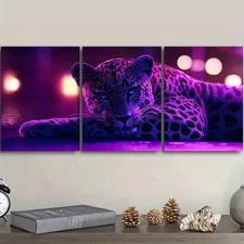 3pcs Leopard, Purple Light Effect  Wall Art Canvas Framed 50x70cm