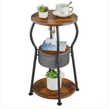 Small Round Side Table with Storage Bag, 3-Tier Accent Round End Table with F...