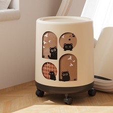 12L Cartoon Trash Can w/ Lid Wheel, Small Cute Cat Themed Bin w/ Odor Control