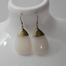 White Frosted Sea Glass Drop Pierced Earrings Gold Tone Wire Wrap
