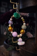 Handmade Beaded Keyring Pom Pom Accent Duck Charm Pink Gold Multicolor Women