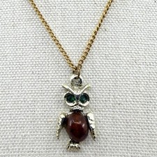 Vintage Silver Tone Owl Pendant Necklace Green Rhinestone Eyes Brown Cabochon