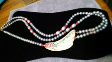 Beautiful Ceramic Accent Necklace w/ Silver Gray Red Gold Beads Statement 30"