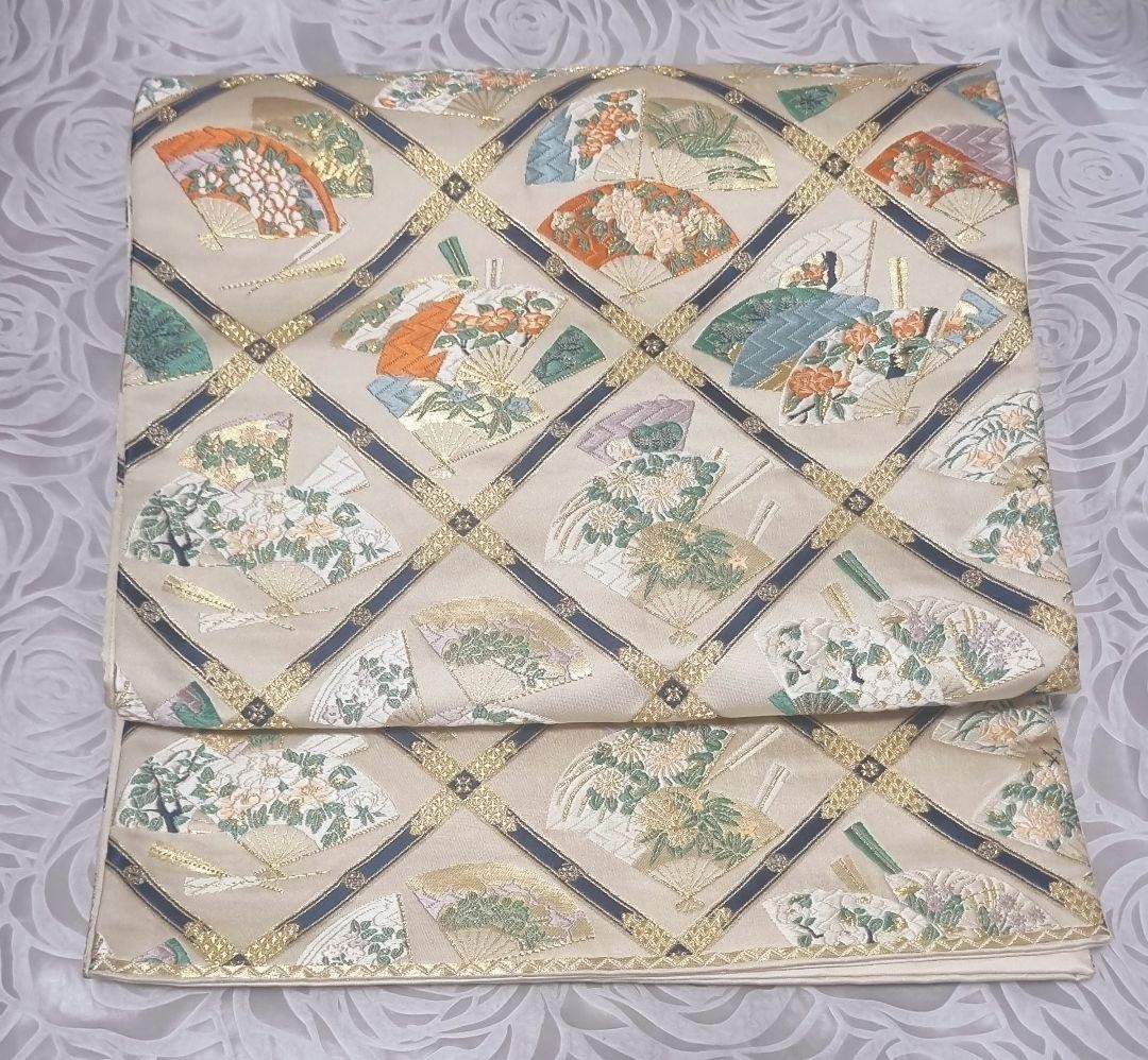Fukuro Obi Fan Pattern Silk Kimono Belt Recycled Gold Thread Ecru Japan
