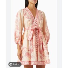 Zimmermann's Lucky Floral Linen Tie-Waist Minidress Dress Size:0/US:S