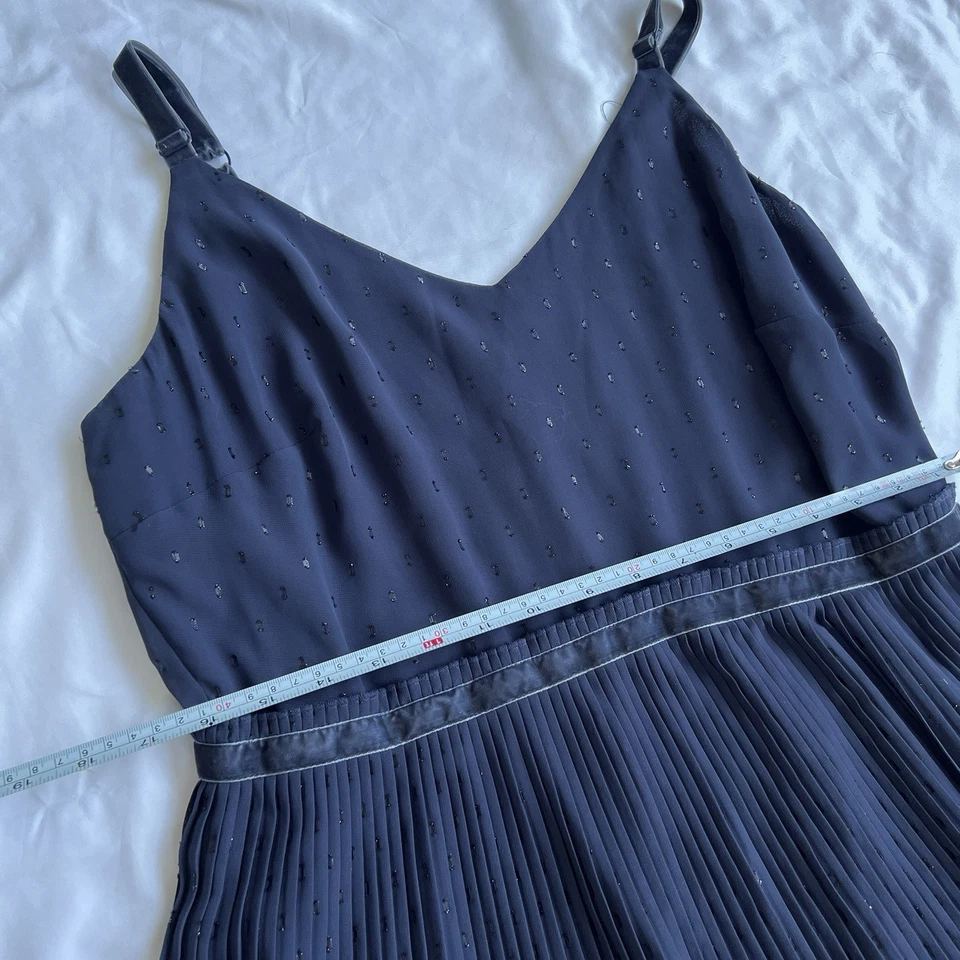 M&S Collection 海军蓝褶饰迷笛连衣裙 US12/UK14 可调肩带内衬优雅 — 第 4/4 张图片