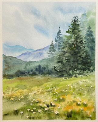 Original Watercolor Painting Nature Landscape Mountains Flowers Forest - 8x10 in