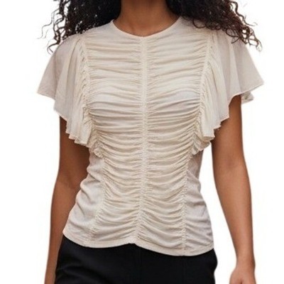 EXPRESS Ruched Flutter Sleeve Ivory Off White Blouse NWT $58 Size XS