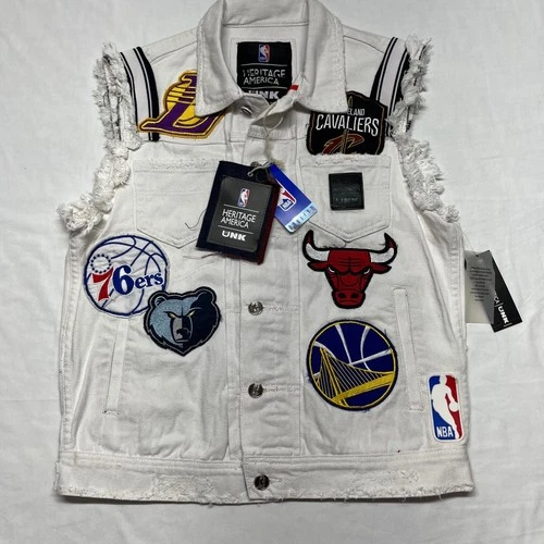Heritage America UNK NBA Denim Vest Mens M White Distressed All Over Patches NWT - product listing photo