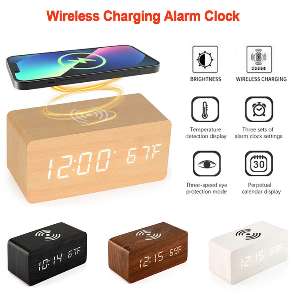 Electric Digital Alarm Clock LED Wooden Clock Modern Bedside Clock Room Decor - Image 2 of 4
