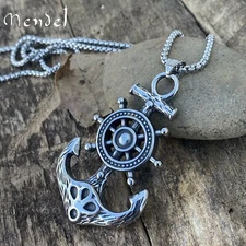 MENDEL Large Mens Stainless Steel Nautical Ship Wheel Anchor Pendant Necklace