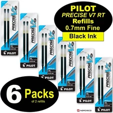 Pilot 77278 Precise V7 RT Refill, 0.7mm Fine Point, Black Ink, 6 Packs of 2