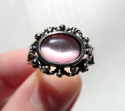 CW Marsala Sterling Silver Pink Glass Cat Eye Ring 925 Size