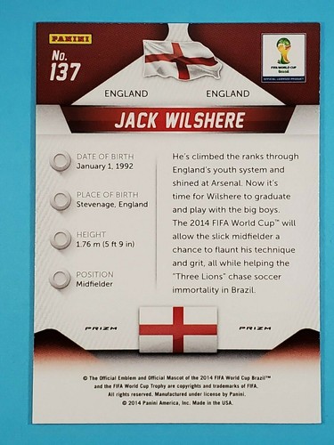 2014 Panini Prizm World Cup YELLOW & RED PULSAR Jack Wilshere England #137 ⚽ - Picture 2 of 2