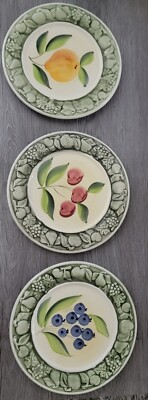 Three Embossed Edges Pizzato Italy  Plates Hand Painted Fruit 8''