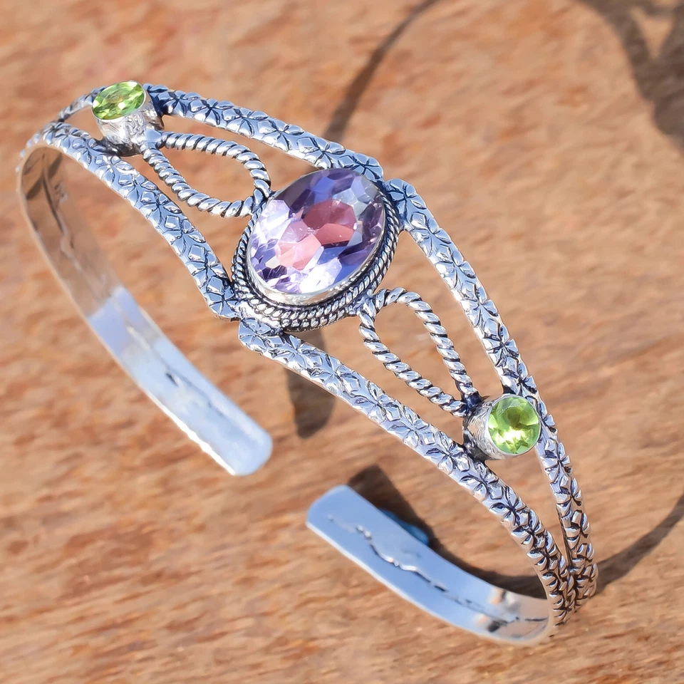 Amethyst Oval Cut & Peridot Cut Gemstone 925 Sterling Silver Bracelet For Anyone - Image 2 of 4