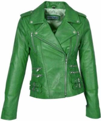 Green Stylish Real Soft Lambskin Handmade Casual Biker Women's Leather Jacket