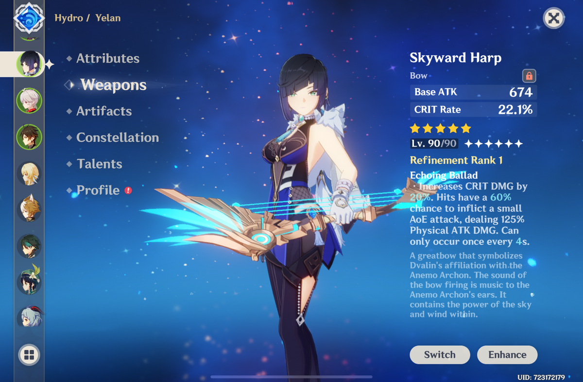 Compte Genshin Impact AR 50 - Personnages : Ganyu, Yoimiya, Venti, Keqing, Qiqi - EU