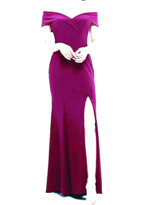 NWT $249 XSCAPE Petite Off The Shoulder Front Slit Gown Magenta 6P