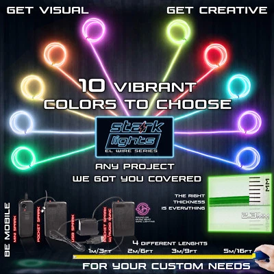 Neon LED Light Glow EL Wire + Control String Strip Rope Tube Decor - 2.3mm Thick