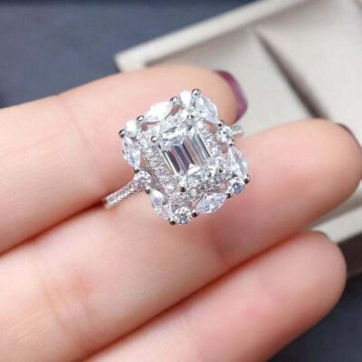4Ct Lab Created Halo Diamonds Emerald Cut Engagement Ring 14K White Gold Finish