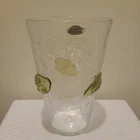 Vtg BLENKO Large Art Glass Vase Clear Crackle Applied GREEN Leaves Design