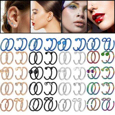 2pcs C-Shaped Nose Hoop Seamless Hinged Ring Stainless Steel Lip Ear Rings 20G