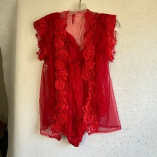 Vintage Alana Gale Red Lace Teddy Bodysuit and Sheer Mesh Robe Set Small 37014