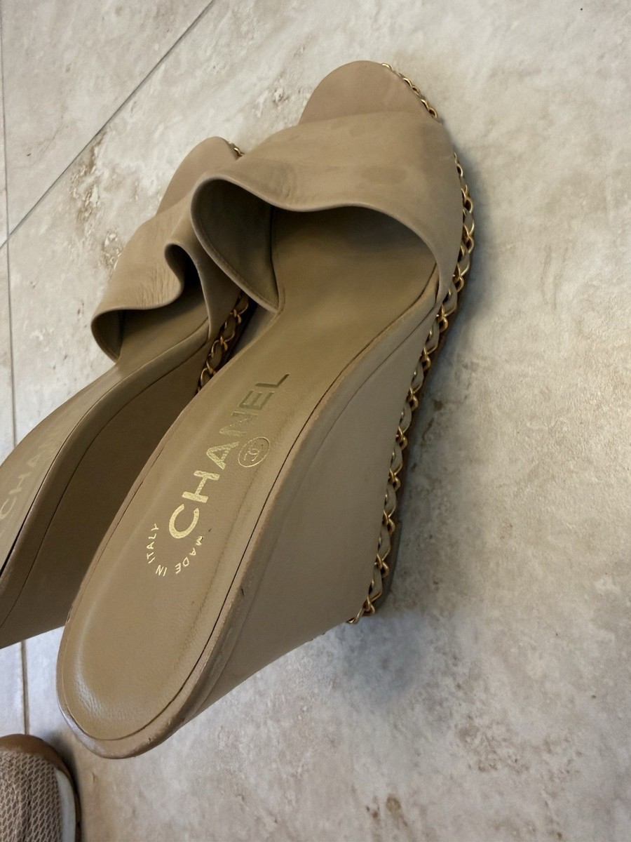 Chanel Vintage Interlocking CC Logo Slides Sandals Shoes Summer Beige Neutral View 4