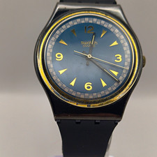 Swatch Vintage Blue Dial Analog Quartz Watch Black Rubber Strap 34mm WR 30m