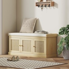 HOMCOM Shoe Bench with Rattan Doors, Cushion, Entryway Shoe Storage, Oak