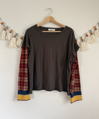 Natural Life Cotton Charcoal Gray Plaid Long Sleeve Top Mixed Print Preppy M