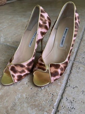 Authentic Manolo Blahnik Pink Leopard Calf Hair Peep Toe Pumps