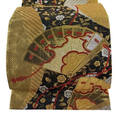 Japanese Kimono Fukuro obi excellent product cypress fan flower arabesque gold