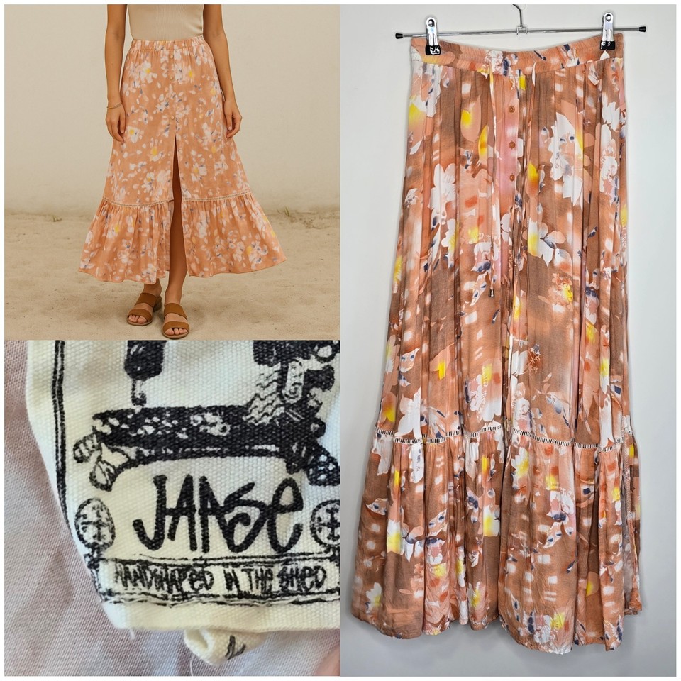 Jaase Size M multicoloured elastic waist floral tiered maxi skirt split