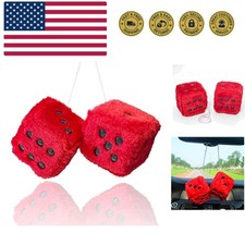 Fuzzy Plush Dice for Car Mirror, Pair of Retro 3  Red Dice with Black Dots fo...