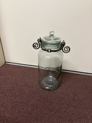 Glass Jar with Metal Lid Handle bottom apx 6 in, tall apx 16 in, top apx 3 3/4 
