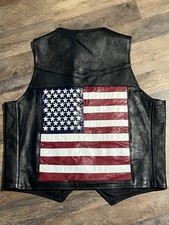 Vtg Leather Club Biker Vest W/ American Flag On Back Sz M Snap  Pockets 25X22"