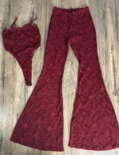 Fashion Nova Women's Lace Flare Pants With Thing Bodysuit Spaghetti Burgundy